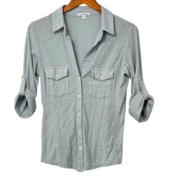 James Perse Contrast Panel Shirt Top Roll Tab 3/4 Sleeve Blue Gray Size 4 / XL - Picture 7 of 7